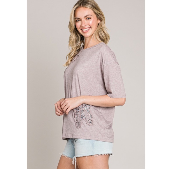 Women's Mauve Crochet Butterfly Detail Oversized Tee - Picture 4 of 5